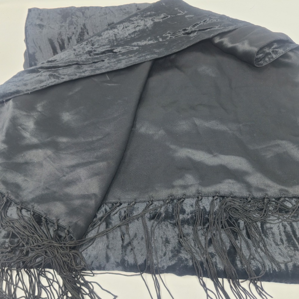 Accessory Street Black Crushed‎ Velvet Shawl Wrap Fringe 100% Rayon 72"x30"
